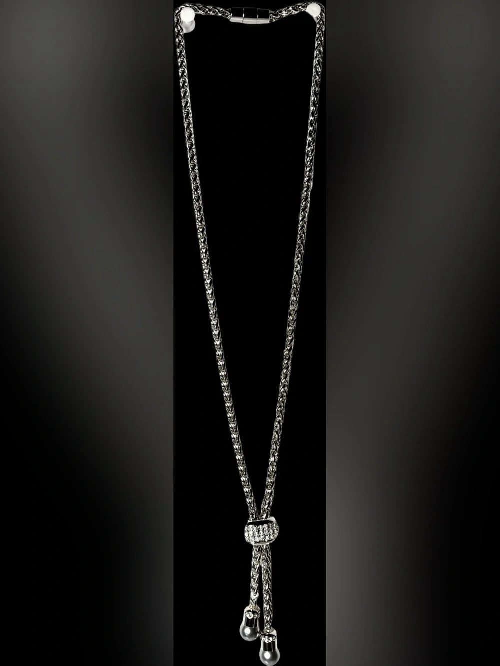 Silver Crystal Pavé Bead Chain Bolo Necklace